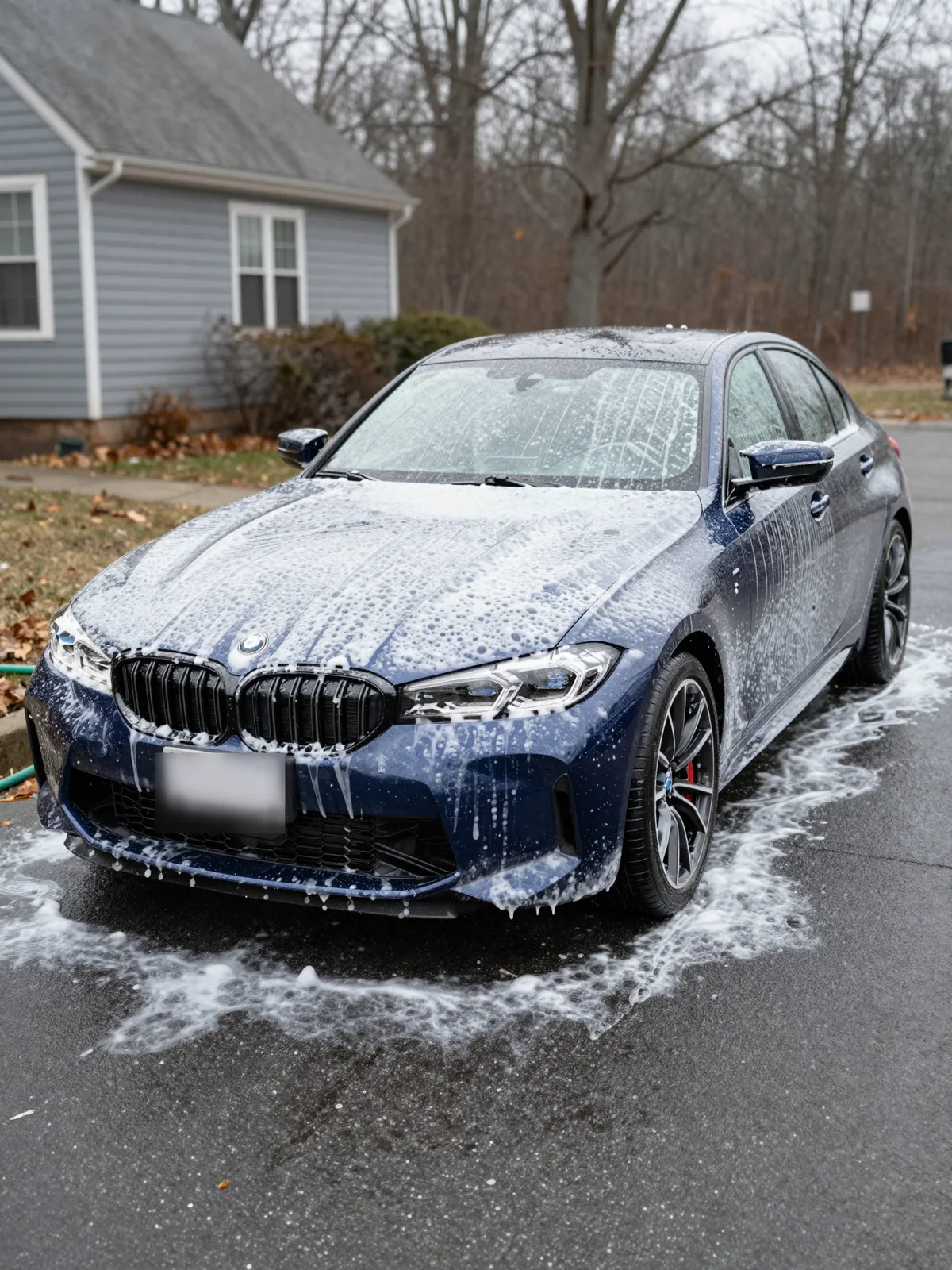 Blue BMW M3 covered in snow foam during a YD Detailers mobile exterior wash in Newton MA